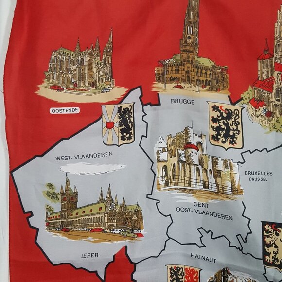 Vintage Van Deun Souvenir Square Scarf Map Of Belgium Castles Monuments Red Made - Picture 8 of 10
